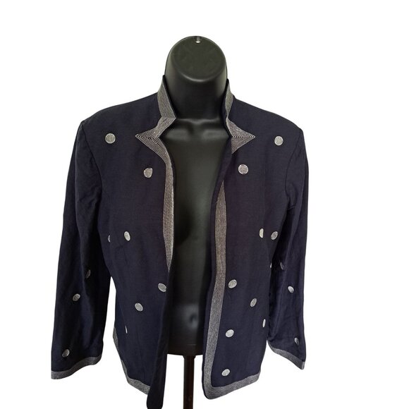 Coldwater Creek Jackets & Blazers - Coldwater Creek Linen Blend Navy Blue Polka Dot Womens Open Blazer Jacket P6